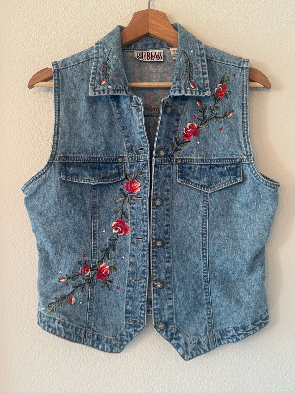 Vintage Y2K Bill Blass Blue Denim Vest with Red Rose Embroidery